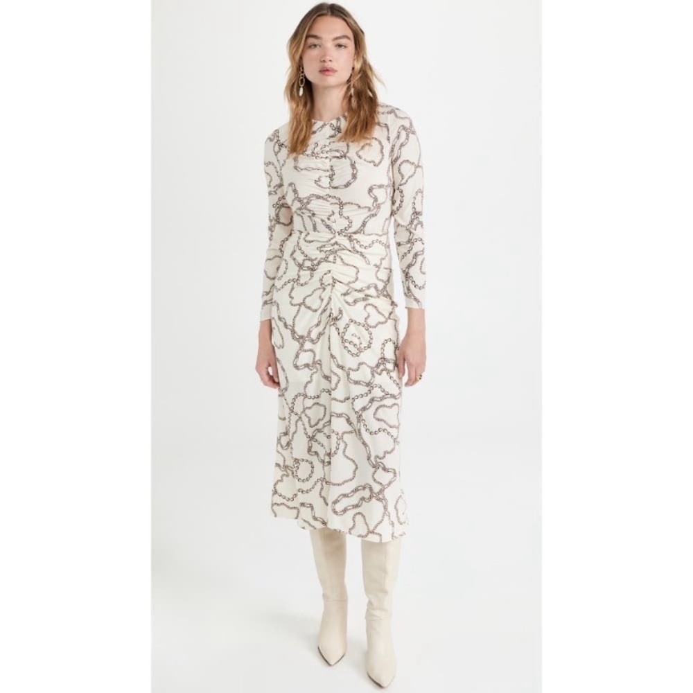 Veronica Beard Kersey Dress Chain Print Silk Ecru Brown 4